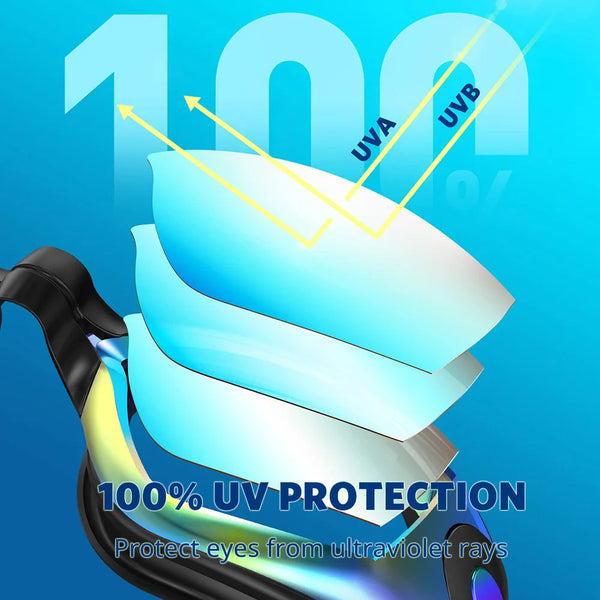 A pair of swimming goggles with UV protection lenses shown against a blue background.