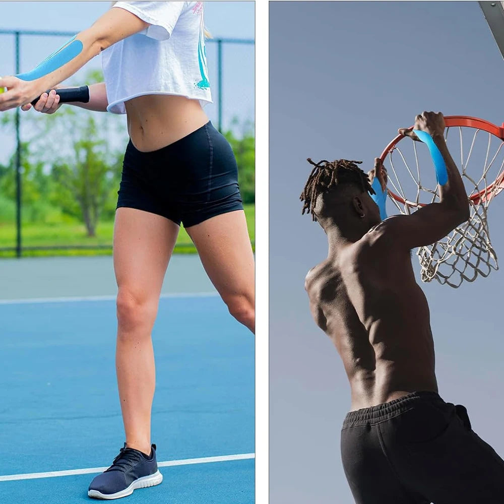 A person applying kinesiology tape to their leg during sports recovery training.