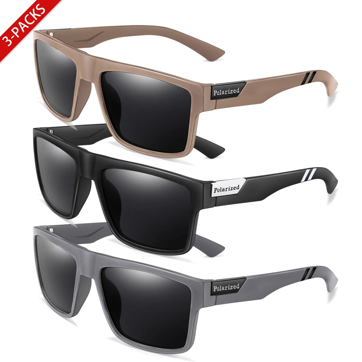 Three pairs of polarized square sunglasses in brown, black, and gray for outdoor sports