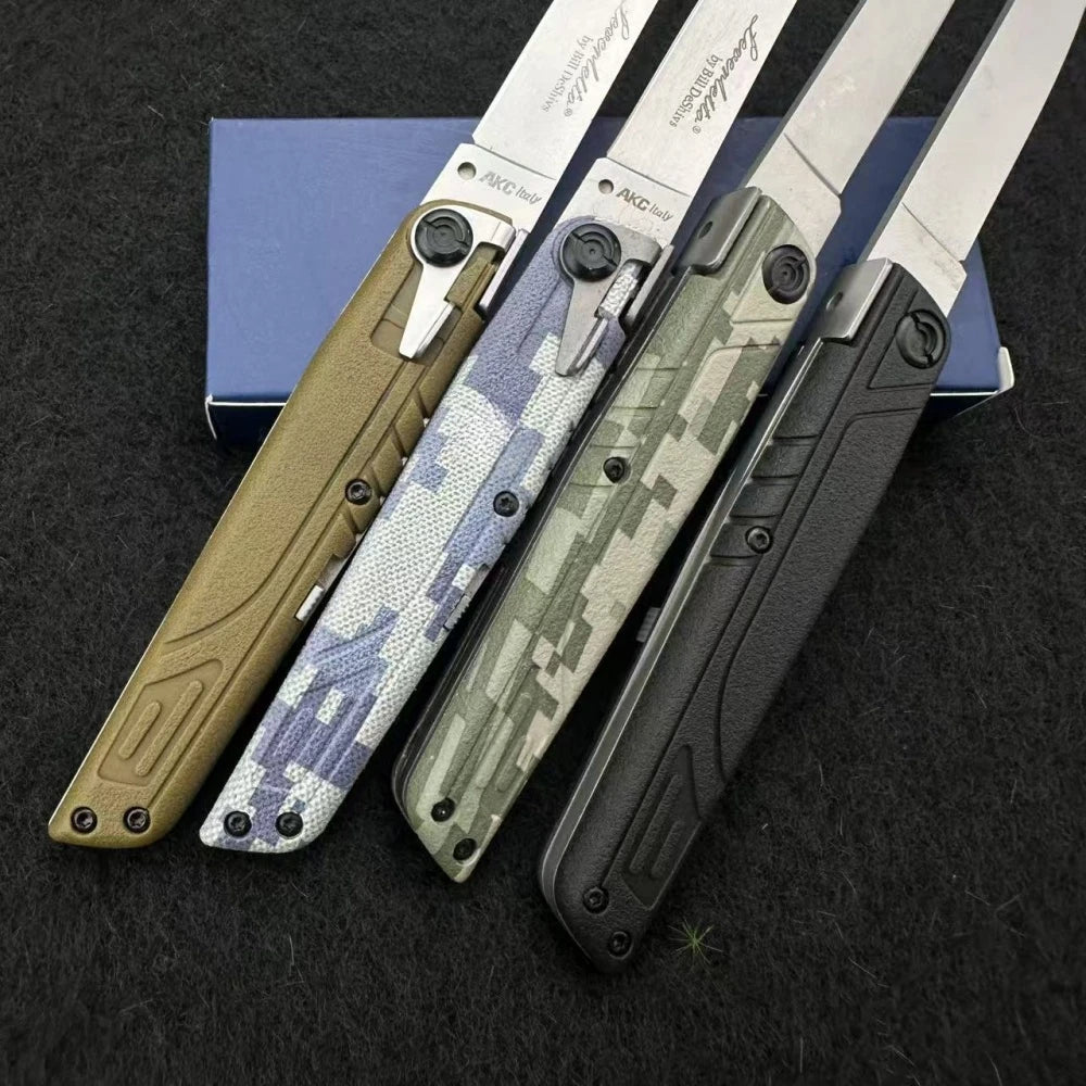 A precision folding pocket knife with a tan handle and a camouflage blade is displayed on a dark surface.