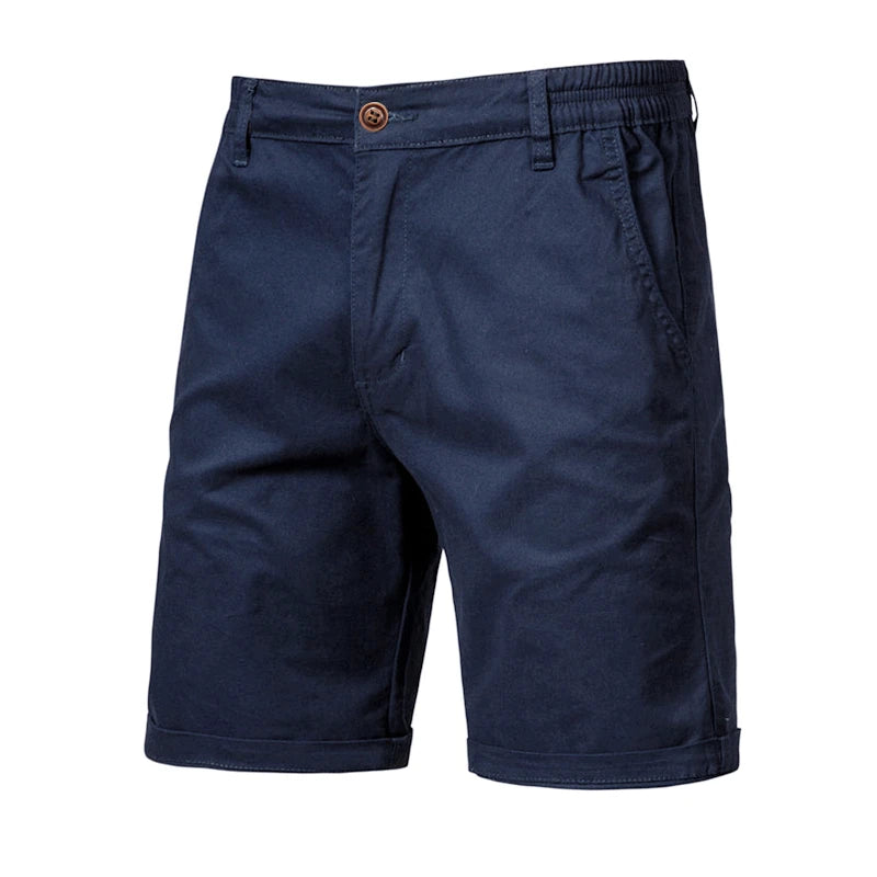 Navy blue men's summer cotton casual shorts with a button closure