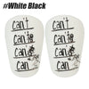 A pair of white shin guards with black text showing various handwriting examples.