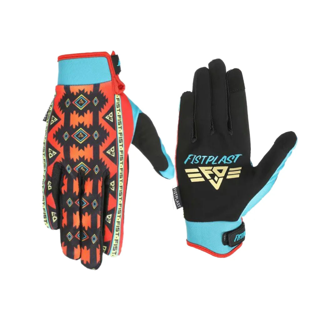 A pair of black and orange motorcycle gloves with blue accents shown against a white background.