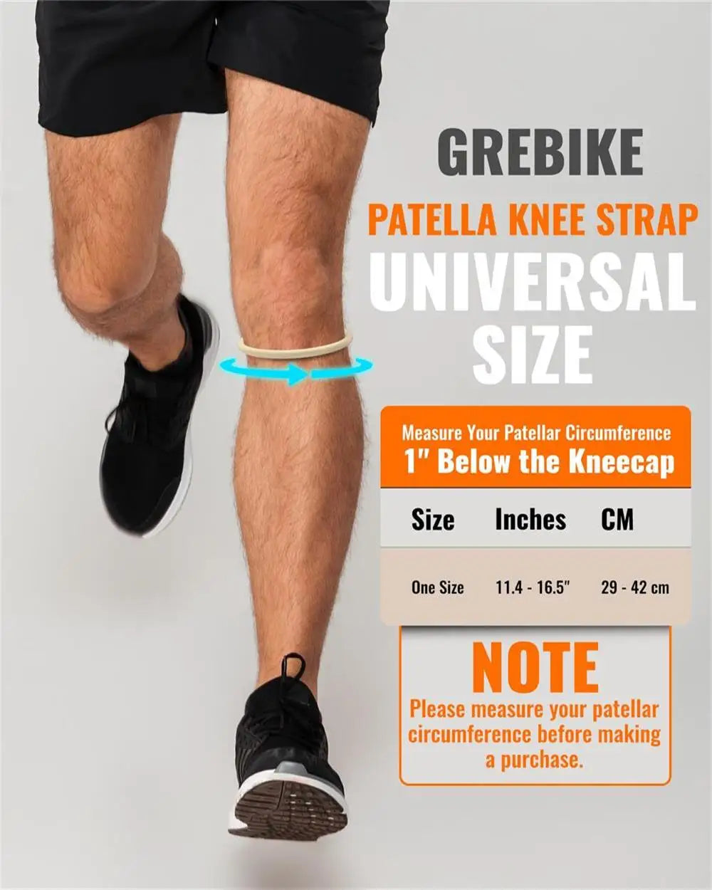 La jambe d'une personne montre un genou gris avec une attelle blanche placée sous la rotule pour le soutien.