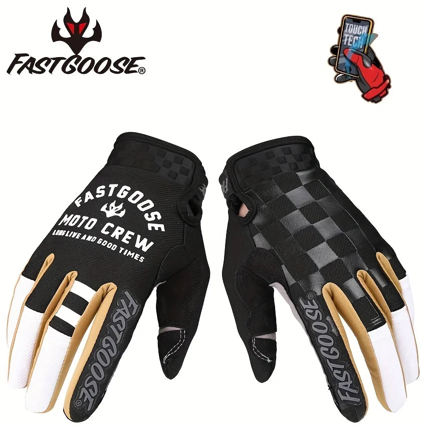 A pair of black cycling gloves with white accents and a checkered pattern, shown in a close-up view.