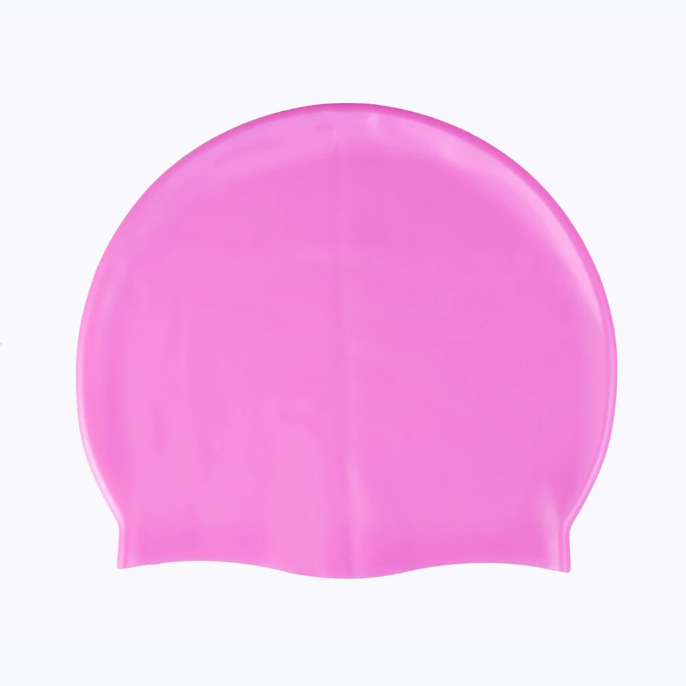 A bright pink waterproof silicone swimming cap viewed from the side.