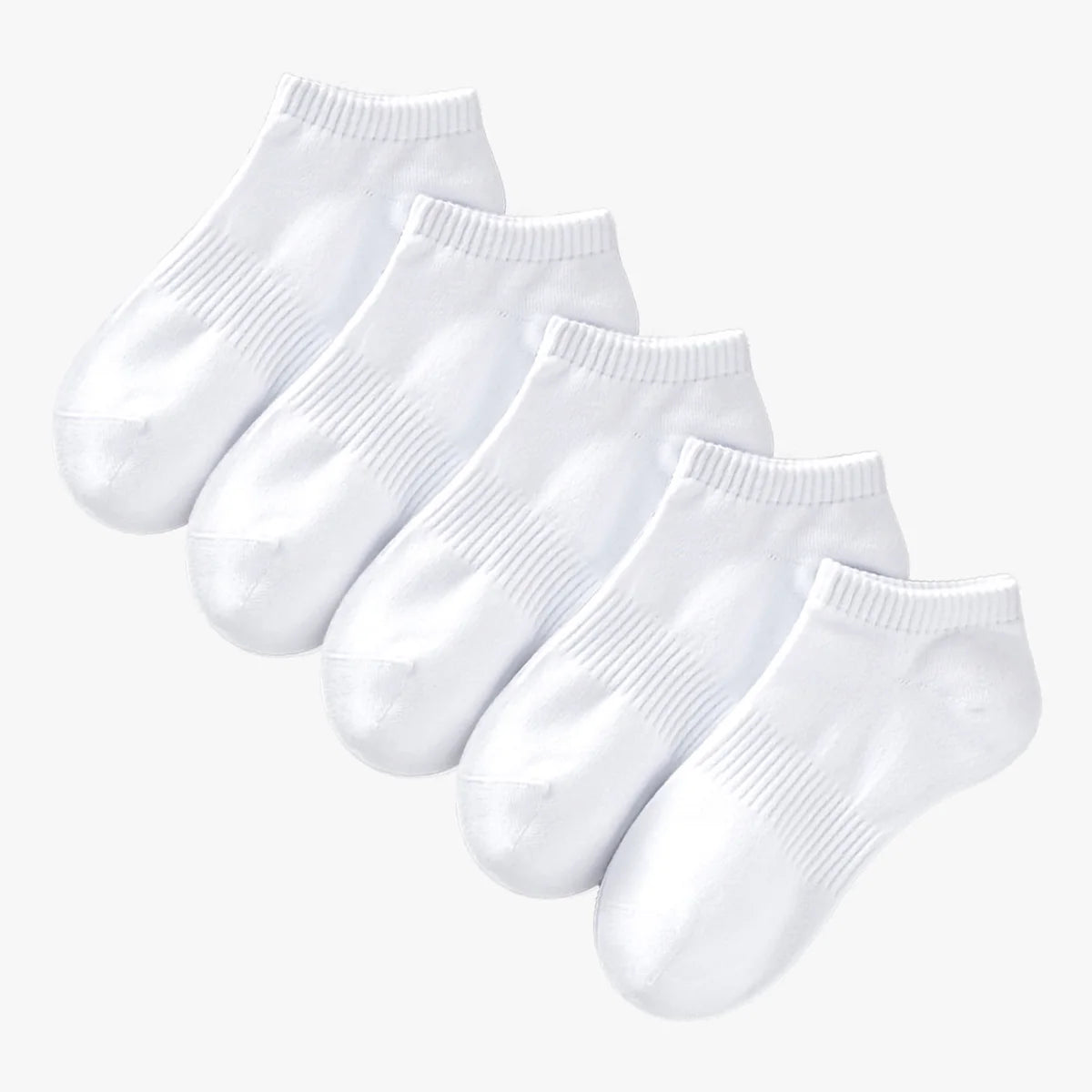 A stack of white thin ankle socks for athletic and daily wear.