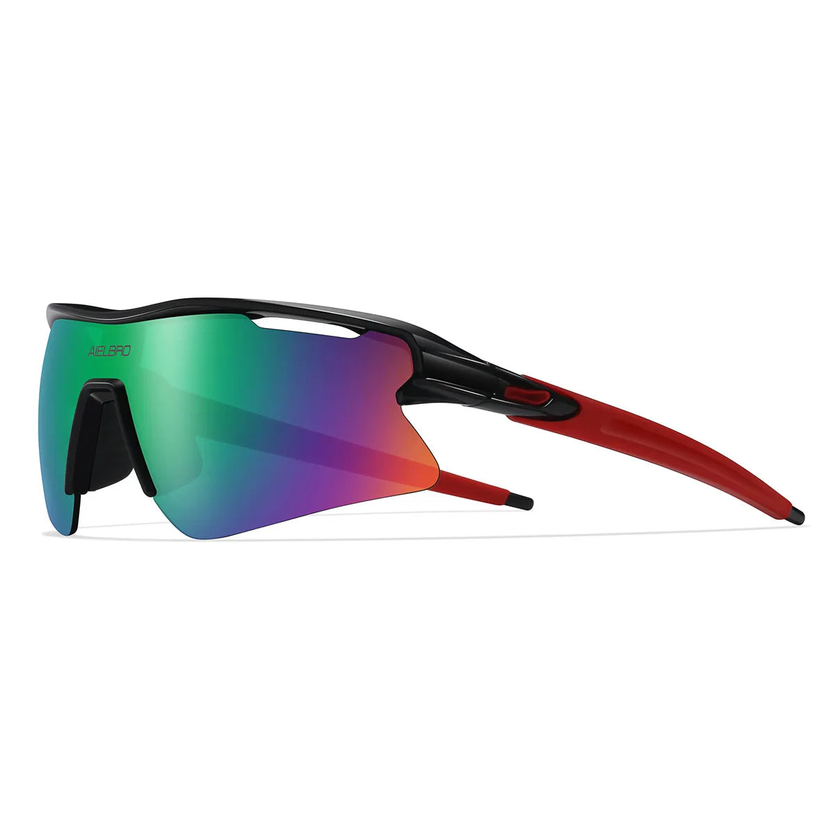 A pair of green-tinted sports sunglasses with black and red frames shown against a white background.