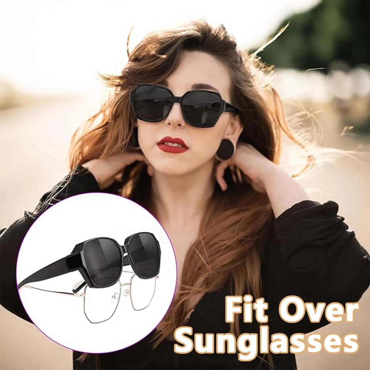 A woman models black sunglasses and glasses compatibility for fit over sunglasses.