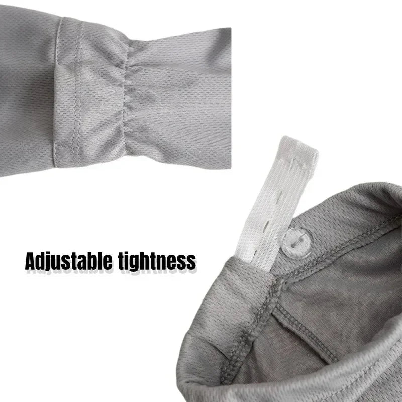 Close-up of a light gray UV protection arm sleeve with an adjustable tie detail.