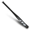 A black baseball bat with a silver ferrule shown diagonally against a white background.