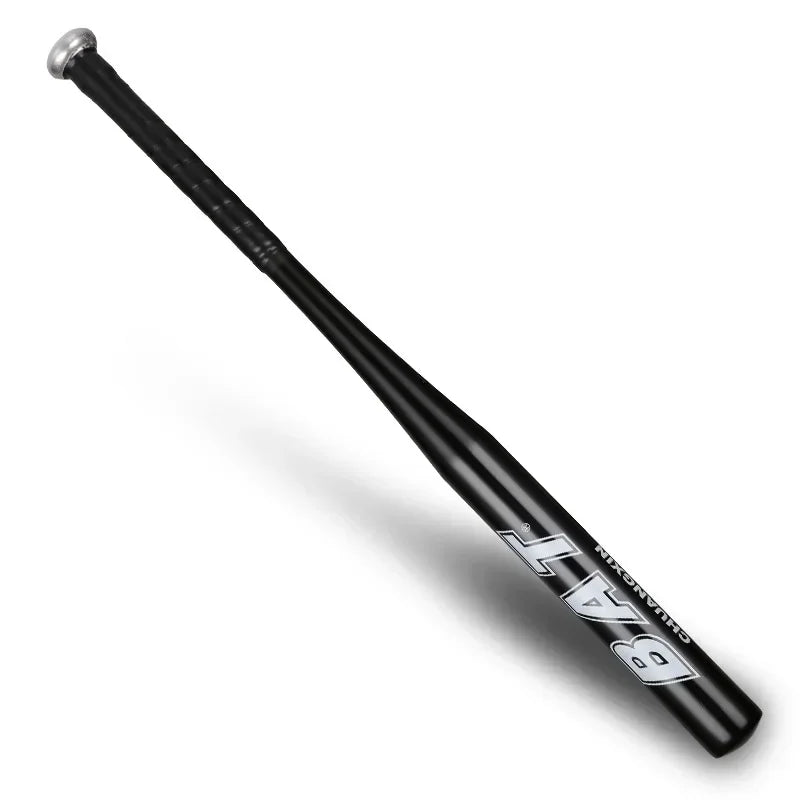 A black baseball bat with a silver ferrule shown diagonally against a white background.