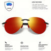 A pair of orange-tinted aviator sunglasses with a silver shield logo and features listed for light transmission and visual de