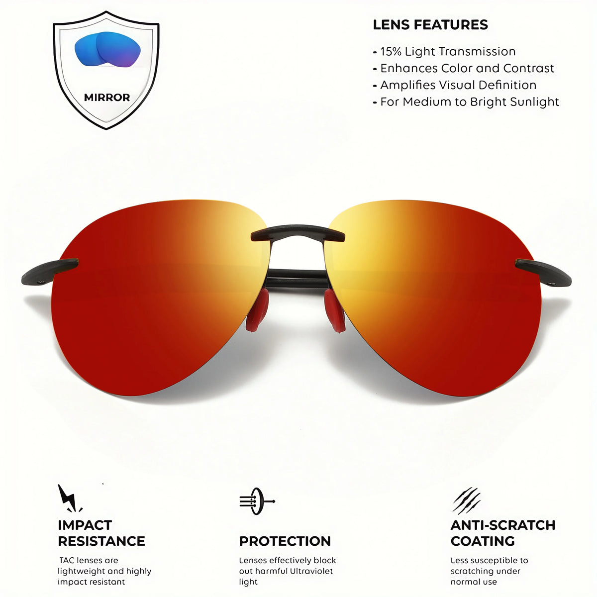 A pair of orange-tinted aviator sunglasses with a silver shield logo and features listed for light transmission and visual de