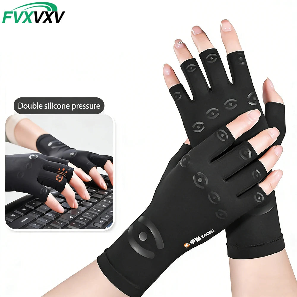 Black fingerless compression gloves shown on a hand, demonstrating double silicone pressure for pain relief.