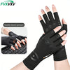 Black fingerless compression gloves shown on a hand, demonstrating double silicone pressure for pain relief.