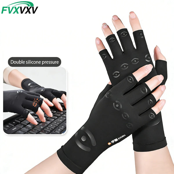 Black fingerless compression gloves shown on a hand, demonstrating double silicone pressure for pain relief.