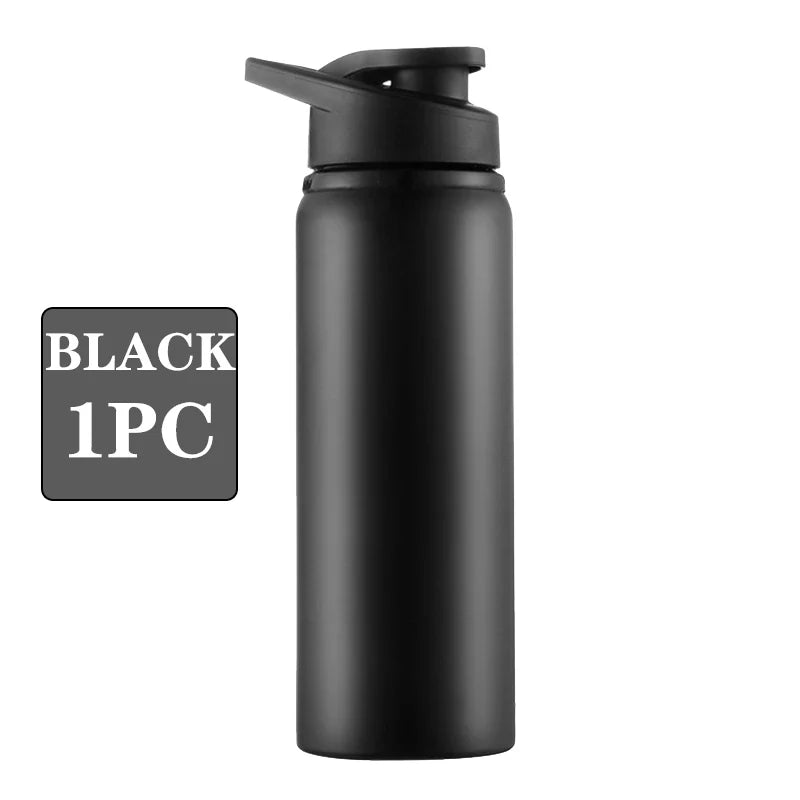 Black leakproof aluminum portable water bottle with a black cap