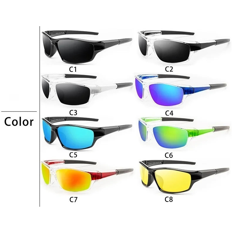 Une collection de huit paires de lunettes de soleil polarisées pour hommes, dans diverses couleurs et styles.