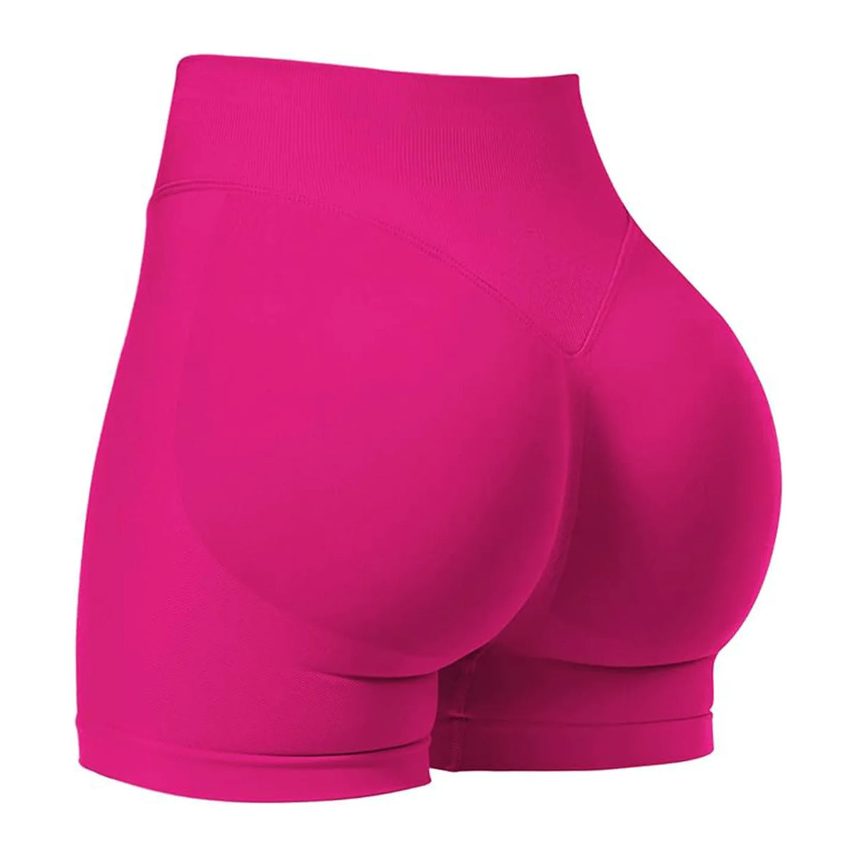 Un short de yoga sans coutures rose vif taille haute, vue de l'arrière.