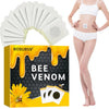 A box of Bee Venom patches and a model applying a white patch on her abdomen.