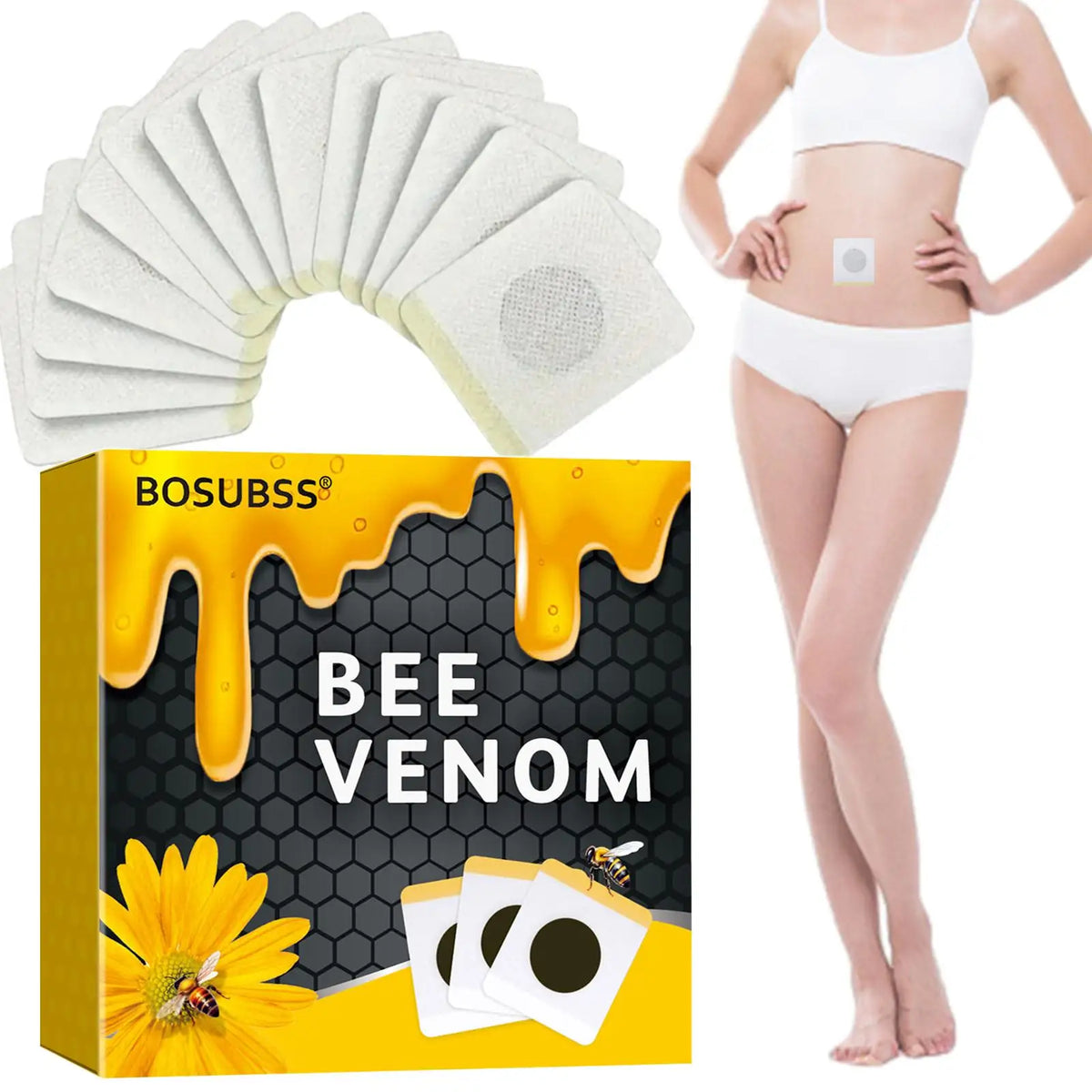 A box of Bee Venom patches and a model applying a white patch on her abdomen.