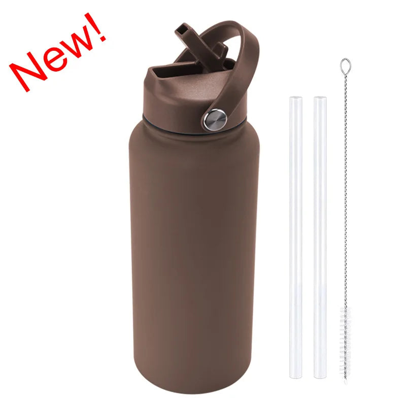 A brown stainless steel vacuum flask water bottle with a hinged lid and an attached metal straw.