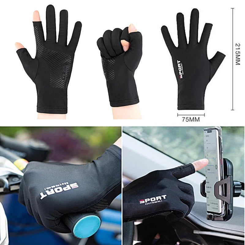 Schwarze Sport- und Rennhandschuhe in verschiedenen Ansichten, darunter eine Hand, ein Handschuh und eine Hand, die den Hands