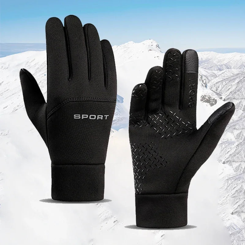 A pair of black touch screen windproof winter sports gloves displayed against a snowy mountain background.