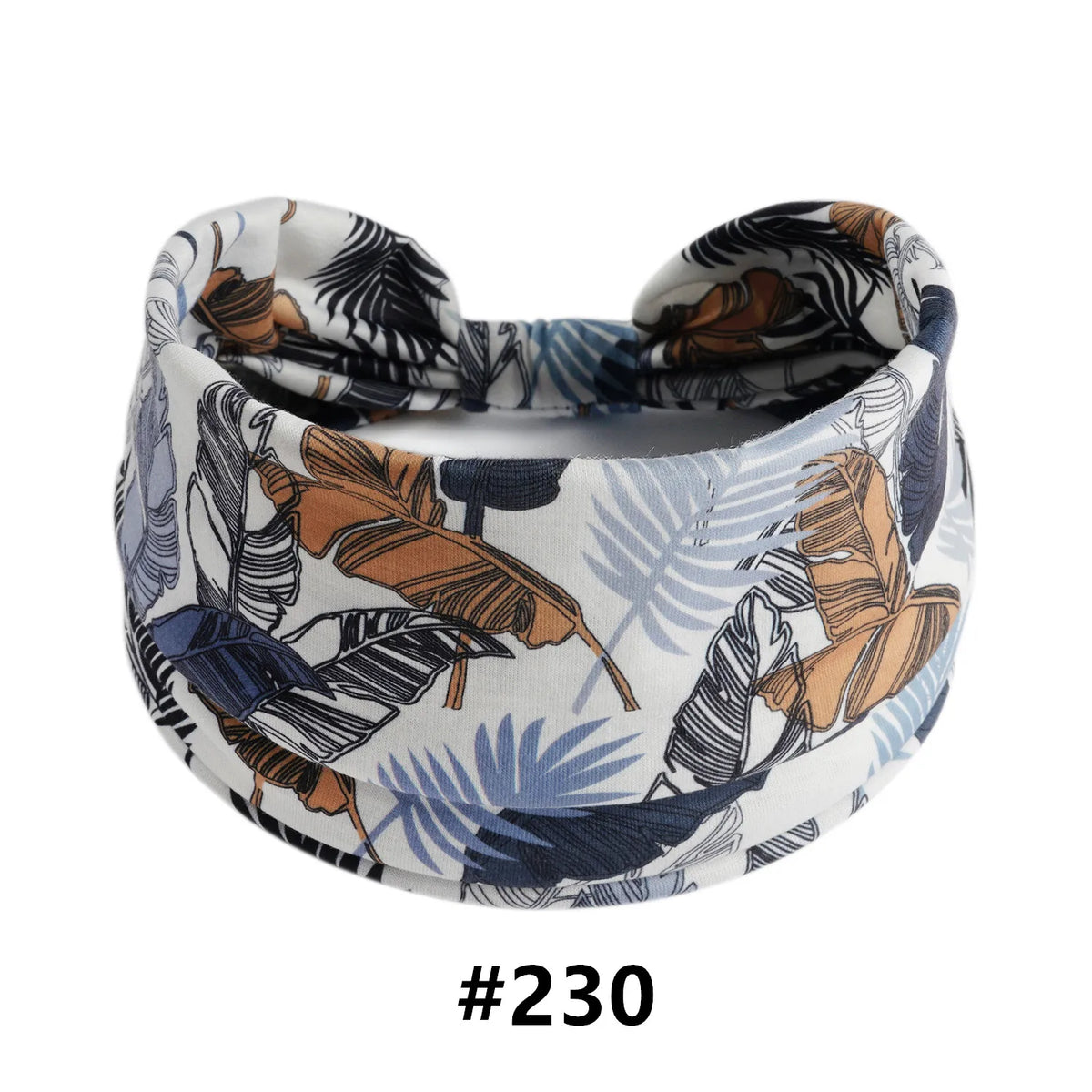 Bandeau en tissu à motifs botaniques dans des tons de brun, bleu et blanc.