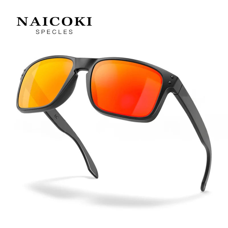 A pair of black sunglasses with bright orange-yellow lenses shown against a white background.