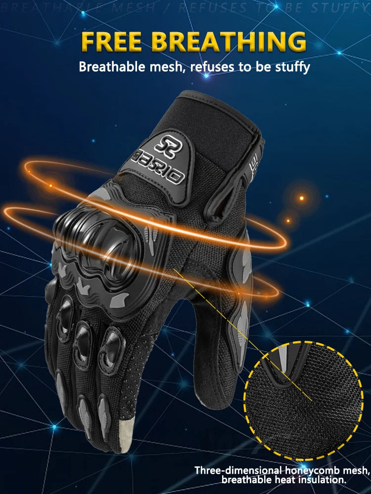 Black breathable mesh motorcycle racing gloves with a honeycomb texture and touch screen details.