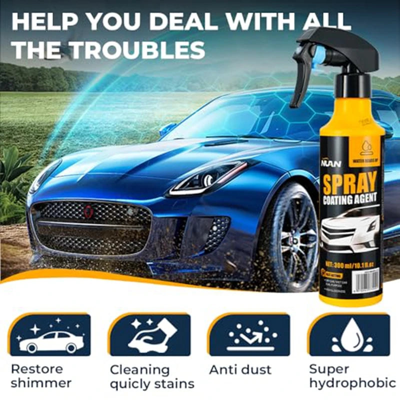 A yellow spray coating agent bottle is shown next to a blue car, demonstrating its use for restoring shimmer, cleaning stains