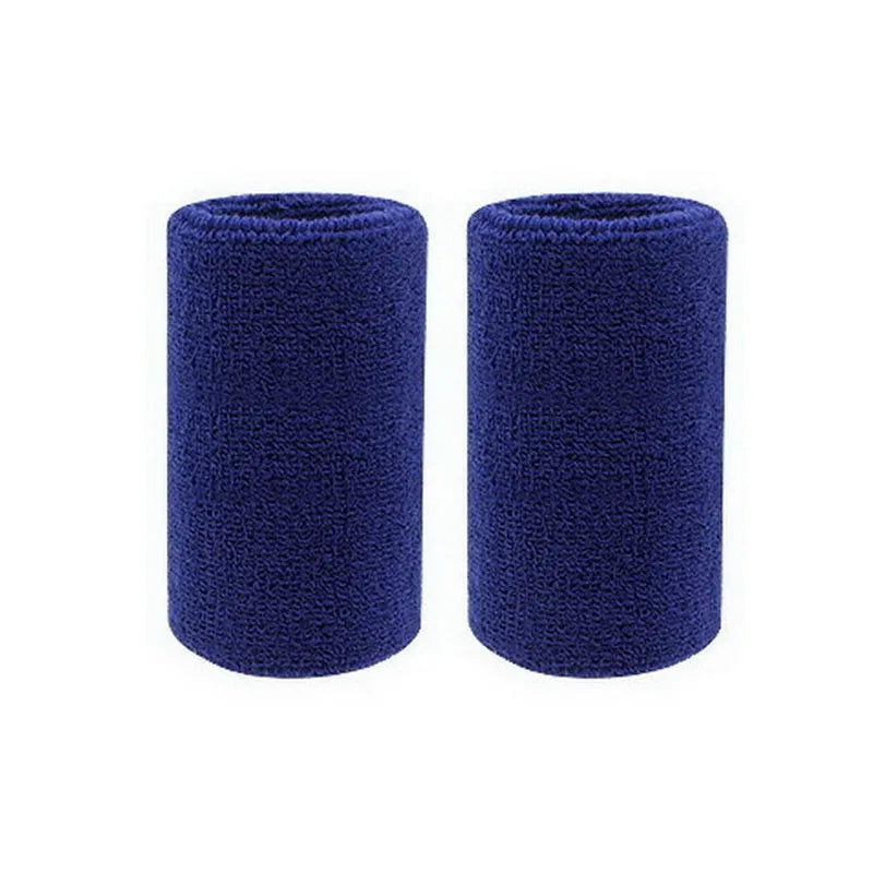A pair of dark blue dual sports wristbands for sweat absorption.