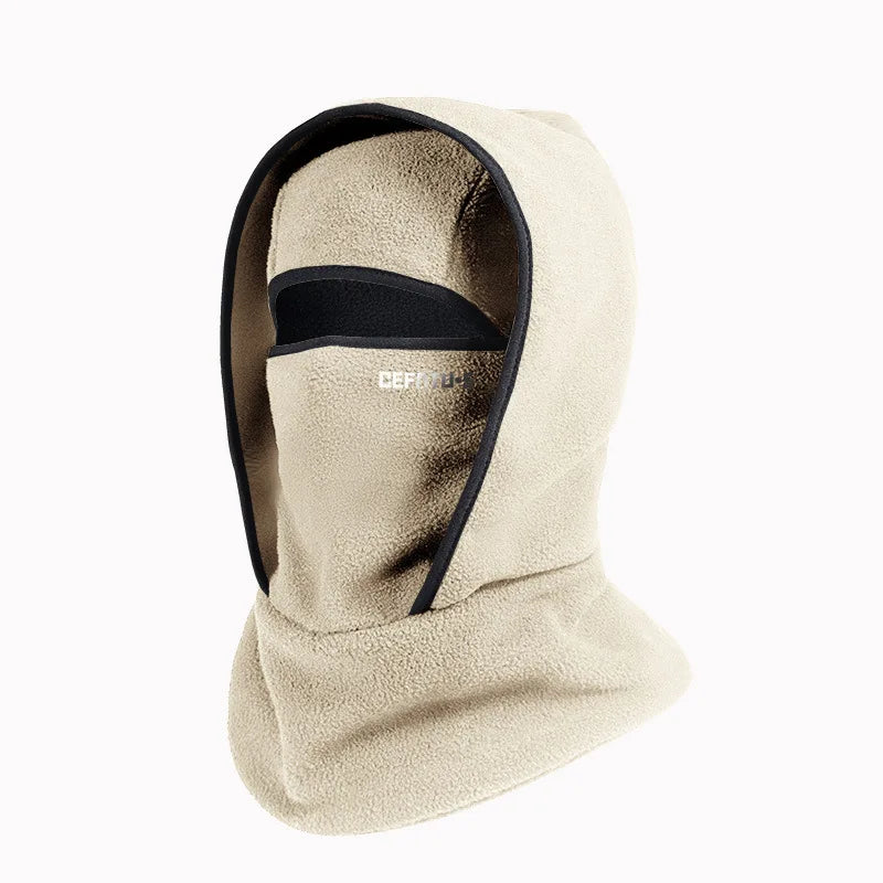 A beige double-layer winter beanie with a black trim and a visible CE finish.