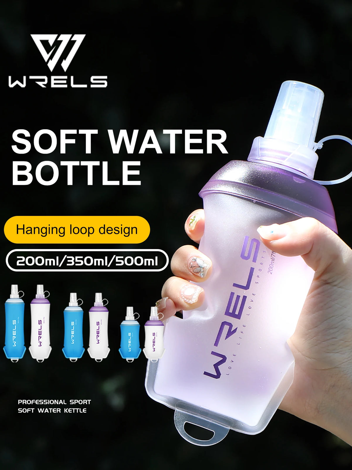 A hand holds a purple soft water bottle with a hanging loop design against a dark background.