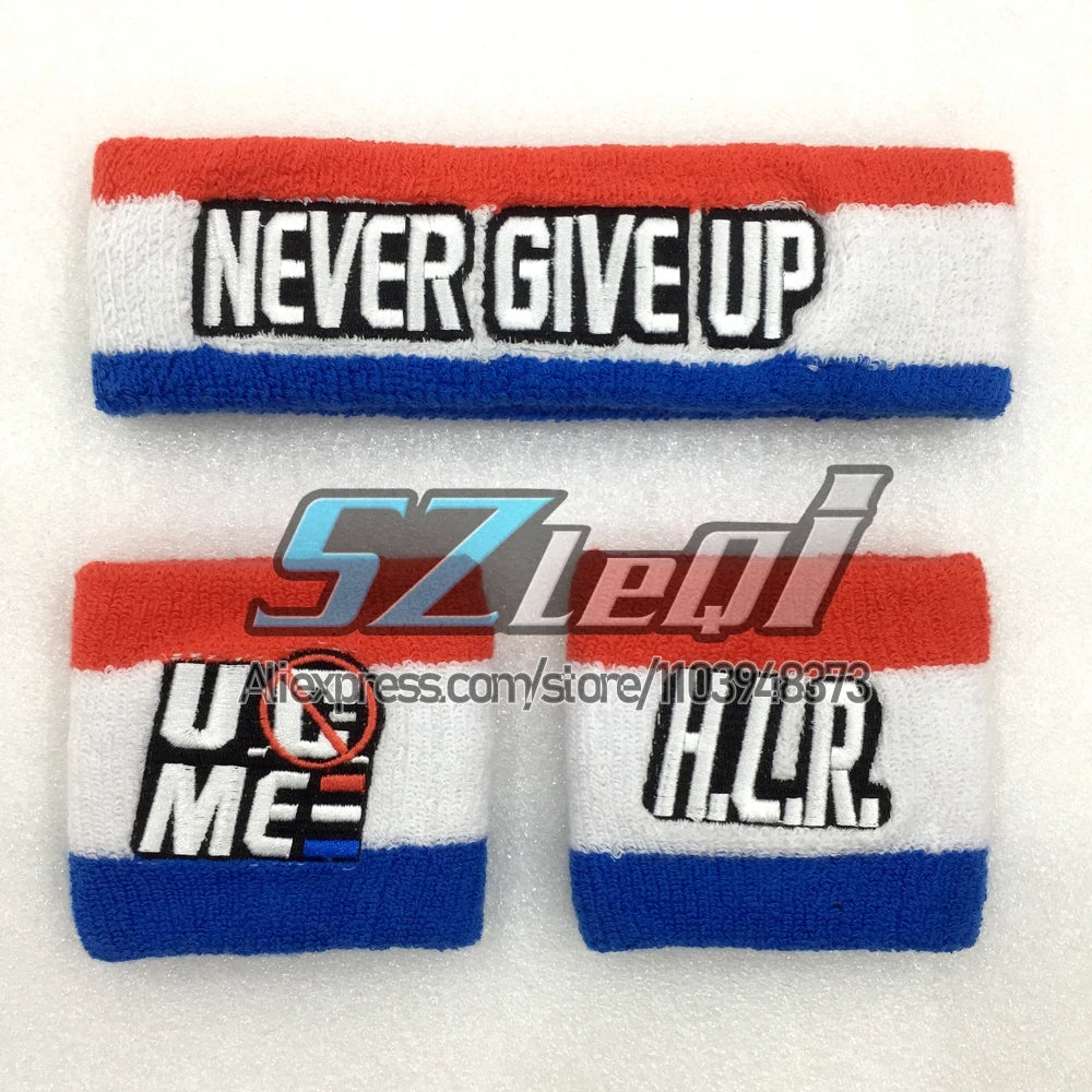Two white and orange sports wristbands embroidered with the text NEVER GIVE UP and U ME
