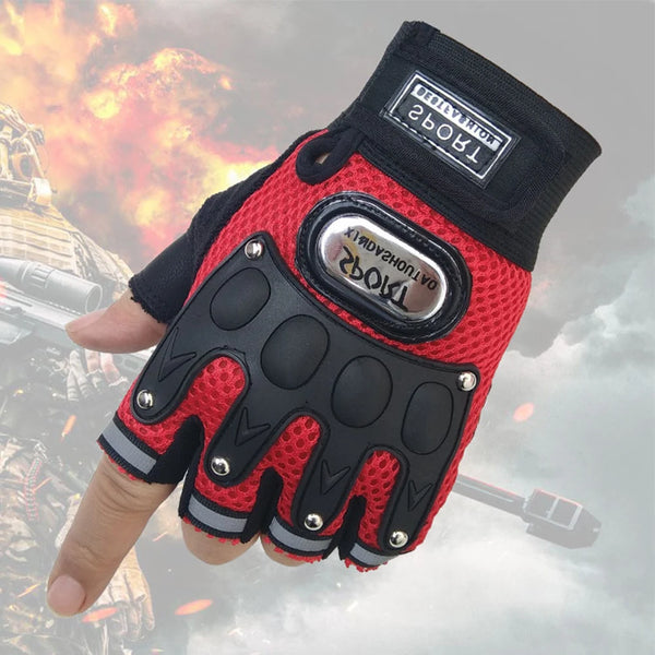 A close-up of a red tactical half-finger glove with black accents and a silver buckle, shown against a blurred background.