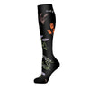 Black compression socks featuring a floral pattern of various dried plant elements.