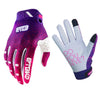 A pair of purple and pink durable riding gloves for motorcycle and off-road sports
