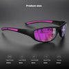 A pair of black polarized sports sunglasses displayed on a dark surface with size measurements.