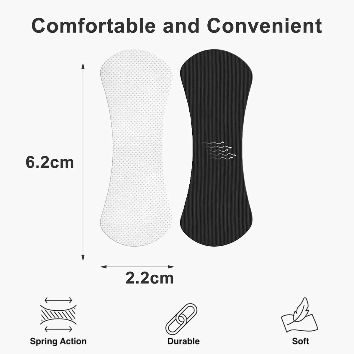 White and black invisible anti-snoring nasal strips shown with dimensions and features like spring action, durability, and so