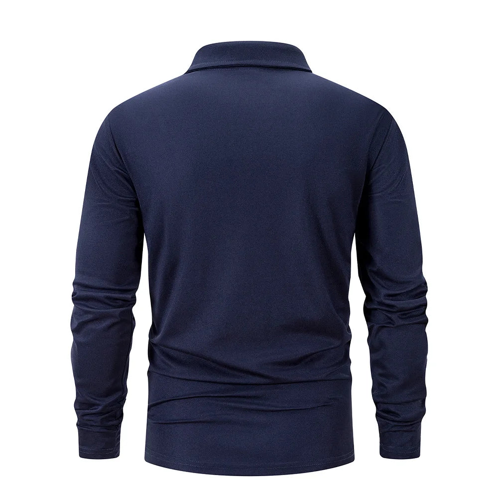 Navy blue men's breathable casual polo shirt shown from the back