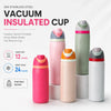 A set of three vacuum insulated stainless steel cups in pink, green, and white with colored lids.
