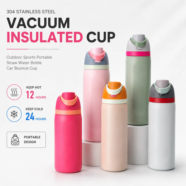 A set of three vacuum insulated stainless steel cups in pink, green, and white with colored lids.