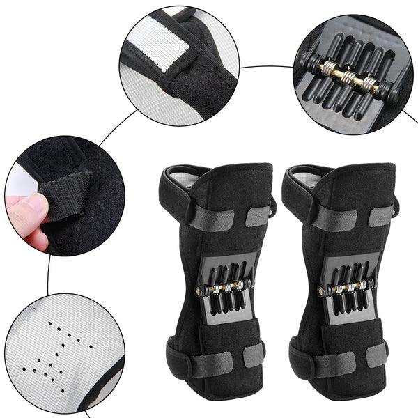 Pads de soutien ergonomiques noirs pour les genoux, montrés sous différents angles et en contexte d'utilisation.