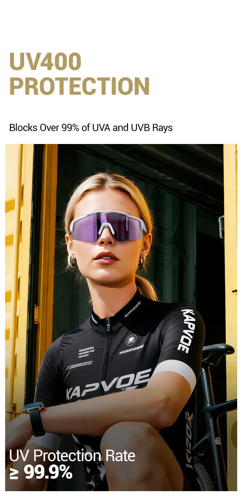 A woman wearing purple polarized sunglasses and a black athletic shirt is shown outdoors.