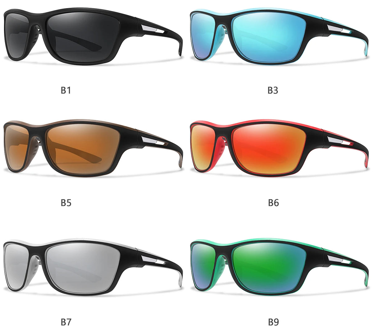 A collection of nine polarized cycling sunglasses in various colors and styles.