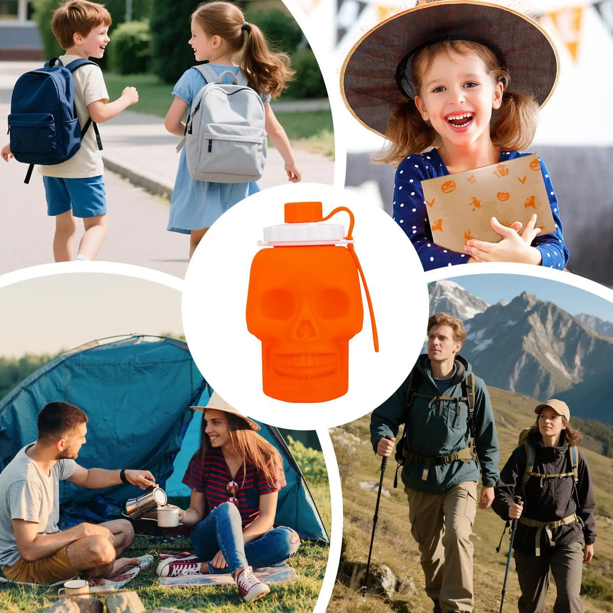 A collection of images showing a bright orange skull design leakproof foldable sports water bottle being used in outdoor and 