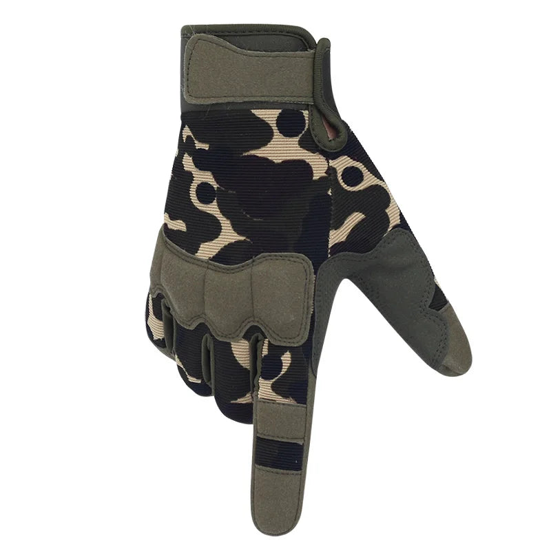 A pair of men's outdoor and cycling full finger mittens in olive green with a black and white cow print pattern.